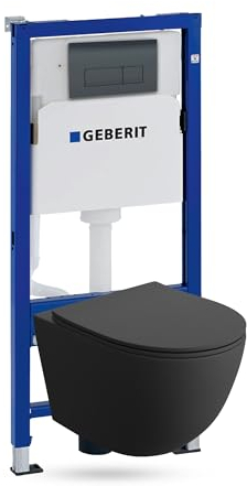 Lavita Duofix Basic Sinto Ensemble WC encastré avec élément mural et abattant de WC sans bord + panneau de commande Delta 25 - Bouton noir - Kit complet encastré