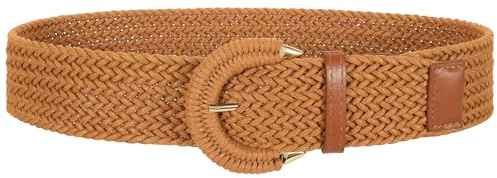 JASGOOD Women Braided Rattan Wide Belt Woven Waist Belt With Half-Circle Buckle for Summer Dress Jeans Pants Brown Fit Waist Size 30-34 Inches