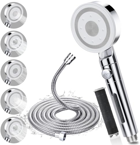 BEIJIE Shower Head and Hose 2M, High Pressure Shower Head Filter 5 Modes, Universal Shower Heads with Pause Switch, Handheld Water Saving Shower Head to Increase Pressure for Home Gym Use (Silver)