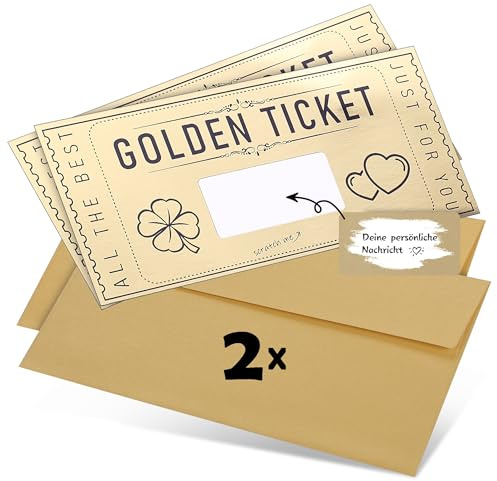 DasWas 2X Golden Ticket Scratch Card Reveal - Gift Voucher to Fill in Yourself with Scratch-Off Sticker - DIY Surprise and Gift Cards - Personalised Gift in Sparkling Envelope
