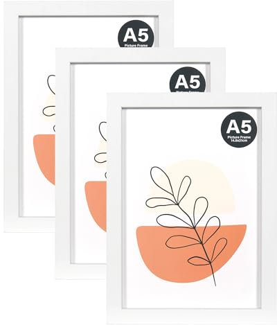 KAIWIN Bilderrahmen A5 Weiß 3er Set, 21X14.8cm rahmen mit Acrylglas zum aufhängen und aufstellen, Bilderrahmen A5 Holz für Fotos, Bilder