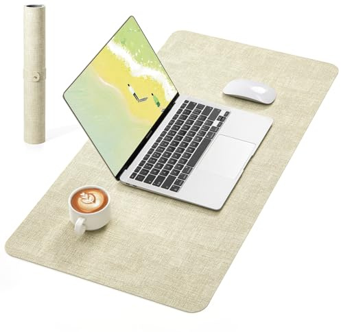 NOSTHEART Leather Desk Pad, Non-Slip Office Mat, Waterproof Desk Protector, Litchi & Cloth Texture, 60x33.5cm Large Mouse Pad for Writing, Laptop & Office, 2-Tone Design (Gray/Beige)