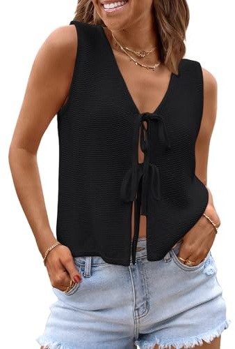 LILLUSORY Womens Summer Tops Beach Vacation Spring Outfits Cute Y2K Trendy Sweater Vest 2026 Tank Tie Front Crochet Clothes Black M