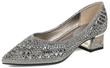 ANUFER Mujer Brillante Rhinestone Puntera Puntiaguda Bombas Tacón de Bloque Medio Slip-On Zapatos de Vestir Gris SD5A50106 EU39