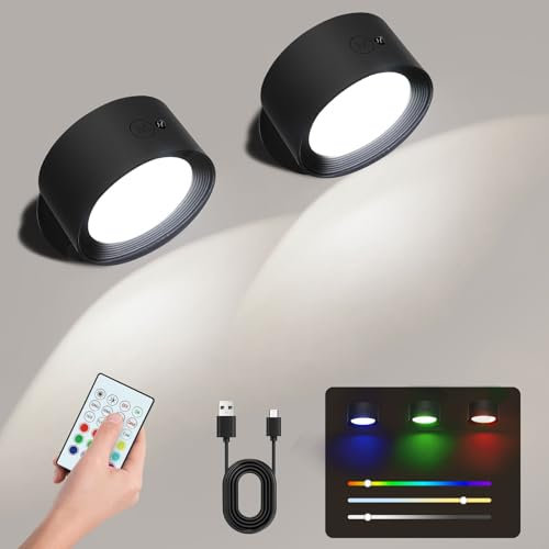 Battery Operated Wall Lamps, 2 PCS Rechargeable Wall Lights Indoor with 14 Color Modes 6 Brightness Levels, Wall Sconces 360° Free Rotation Remote&Touch Control for Bedroom Living Room Reading