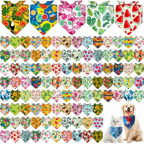 Paterr 100 Pieces Tropical Hawaiian Dog Bandanas Bulk Summer Pet Handkerchief Soft Triangle Bibs Adjustable Washable Pet Scarf Accessory for Small Medium Dogs Puppy Cats Beach Pool Party