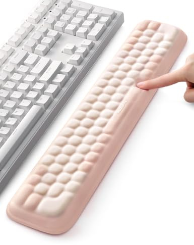 MEATANTY Reposamuñecas para teclado – Almohadilla ergonómica de espuma viscoelástica, transpirable, estable y antideslizante, soporte cómodo para trabajo y estudio, elegante diseño oro champán & blanc