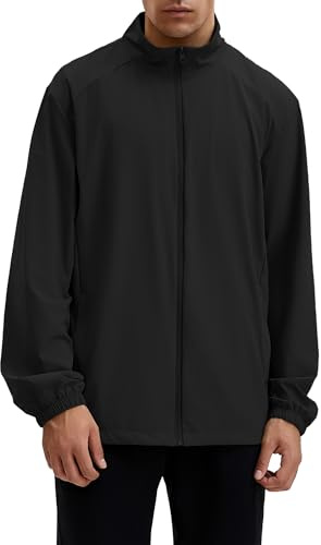 Locachy Men's Lightweight Outdoor Full Zip Stand Collar Windproof Athletic Running Jackets Hiking Outdoor Sportwear Black L