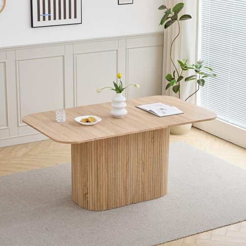 GrandCA HOME Mesa de Comedor Rectangular con Esquinas Redondeadas, Moderna Mesa de Comedor de 160 cm con Base de Madera, Amplia Superficie de Trabajo de MDF, 4-8 Personas, Color Madera Clara