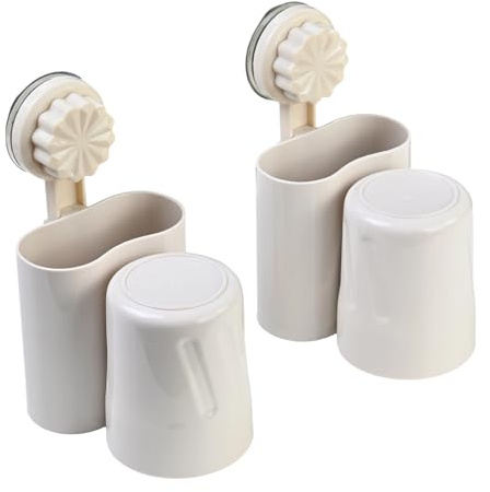 Paquete De 2 Soporte Cepillo De Dientes con Ventosa 3 En 1 Vaso para Cepillo De Dientes Pet Y PP Organizador Cepillos De Dientes, Beige Claro