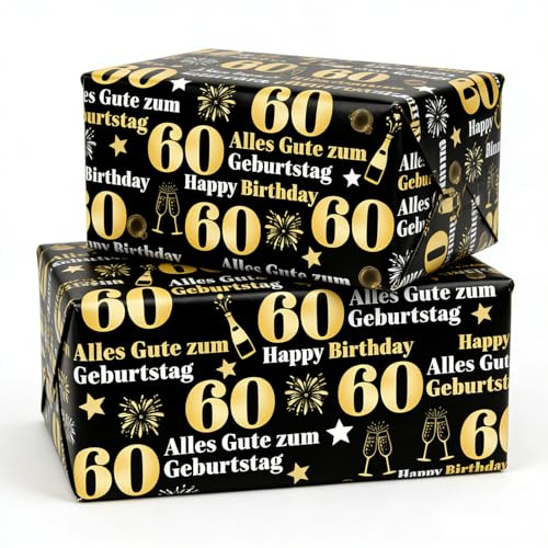 2 hojas de papel de regalo negro y dorado, 75 x 51 cm, 60 Happy Birthday Wrapping Paper para 60 cumpleaños