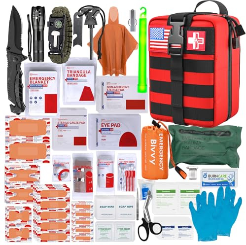 First Aid Kit,Survival Gear Outdoor Tactical Gear Set Military Grade Molle System for Camper Travel Hunting Hiking and Adventures（RED）
