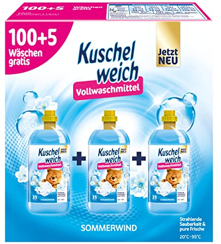 Kuschelweich Detergente completo de viento de verano (XXL: 105 WL) – Detergente líquido para 100 + 5 lavados – Detergente líquido (3 botellas) para ropa blanca