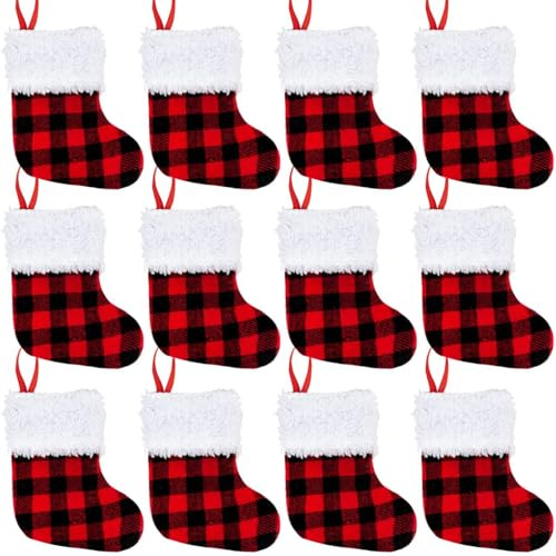 JOYIN 12 PCS 5” Mini Christmas Stocking,Red Black Plaid Xmas Stockings for Christmas Tree Decoration, Party Favors and Holiday Season Supplies