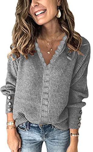 Tomwell Pull Femmes Ample Chic Col V Torsade Hiver Chaud Grosse Maille Top Large Grande Taille A La Mode Femme Pull Sweat A Gris L