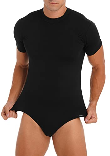 inlzdz Herren Body Kurzarm Overall Bodysuit Baumwolle Einteiler Jumpsuit mit Druckknöpfen im Schritt Männerbody Unterhemd Fitness Sportbody Singlet Sportwear Schwarz M