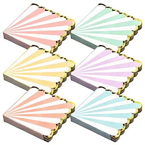 Party Paper Napkins, Striped Pastel Scalloped Edge with Gold Foil Luncheon Napkins, 3-Ply, 100-Sheets, 6.5 x 6.5 Inches