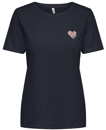 ONLY Onlkita Life S/S Logo Top Noos T-Shirt, Ciel Nocturne/imprimé : cœur doré Rose pailleté, M Femmes