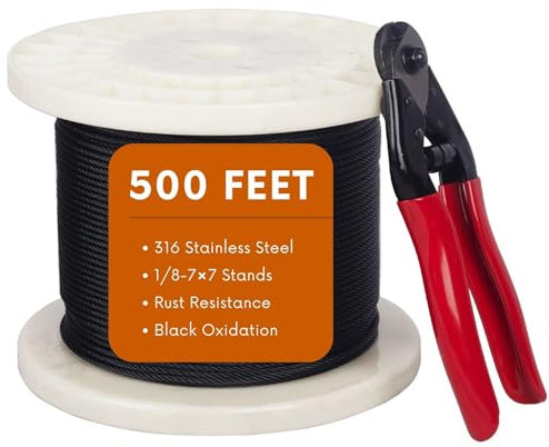Senmit 500ft 1/8 Black Wire Rope Cable, T316 Stainless Steel Marine Grade for Cable Railing, Stairs and Fences -Flexible 7 x 7 Strands Construction