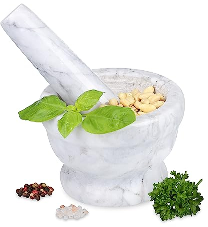 Relaxdays Mortaio e Pestello in Marmo, Ø 10,5 cm, Macina Erbe e Spezie, Pesto Basilico e Cocktail Mojito, Grigio Bianco, 7 x 10.5 x 10.5 cm
