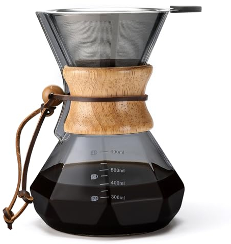 Lalord Caffettiera Pour Over con filtro in acciaio inox, 600 ml, in vetro borosilicato, con colletto in legno, caraffa per caffettiera, può contenere 3-4 tazze, 600 ml, grigio