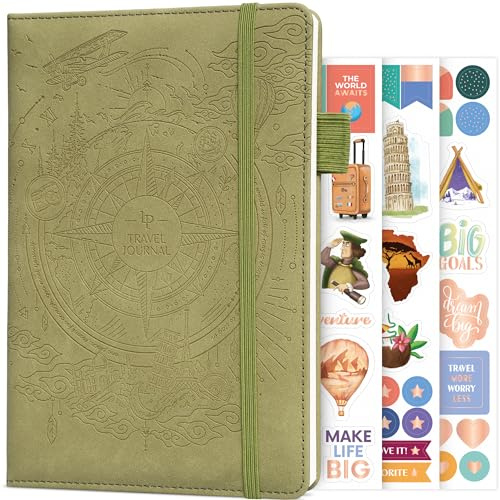 Legend Vintage Travel Journal Scrapbook for Women, Men, Couple Olive | Trip diary with world & U.S. map, Eco leather- bound hardcover, Stickers, Adventure & vacation notebook for adults & teens