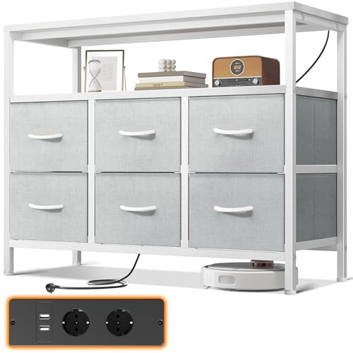 ODK Comoda Dormitorio Cajonera con 2 Enchufes y 2 Puertos de Carga USB,Cajonera Dormitorio Hay 6 Cajones,Comodas y Cajoneras Dormitorio Apto para Salón y Pasillo Blanco