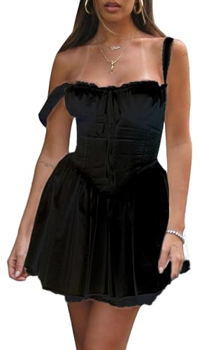 Fexofao Abito da donna a forma di lattaia, corsetto, mini coquette, senza maniche, scollo quadrato, con lacci sul davanti, corto, stile casual, linea ad A, Nero , M