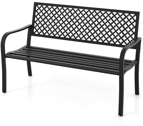 COSTWAY Garden Bench, 2-Person Heavy Duty Metal Frame Loveseat Park Bench, Outdoor Furniture Leisure Seating Patio Chair for Entryway, Porch & Backyard (Black)