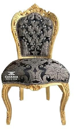 CasAmin Home & Living Accent French Baroque Rococo Style Dining Chair Black Floral Pattern Nostalgic Antik Look i guldfinish