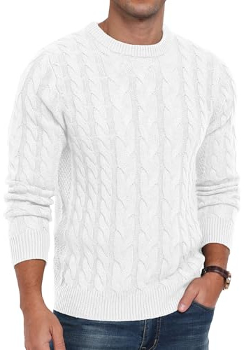 QIXING Maglione da uomo lavorato a maglia intrecciata, girocollo, casual, a maniche lunghe, con bordo a costine, C bianco., S