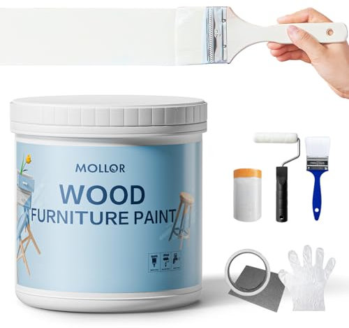 Mollor Brocha de Madera Especial Pack - Pintura para Muebles sin lijar - Pintura para Madera - Pintura Chalk Paint Efecto Tiza Colores (32oz/1000g, Blanco con herramientas)