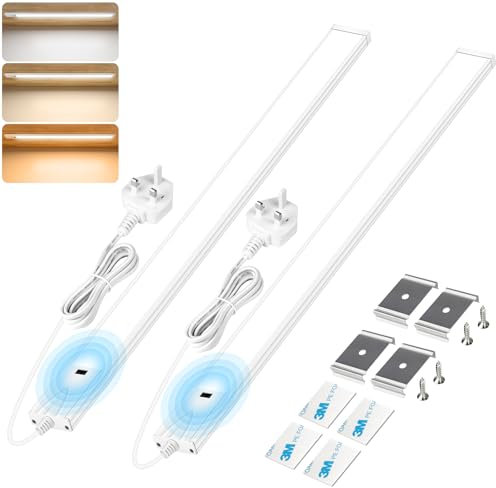 Under Cabinet Lights Hand Wave Activated, 55CM 3 Color Dimmable Brightness Adjustable, UK Plug in LED Cupboard Lighting for Kitchen, Counter, Cabinet, Workbench, 2 Pack