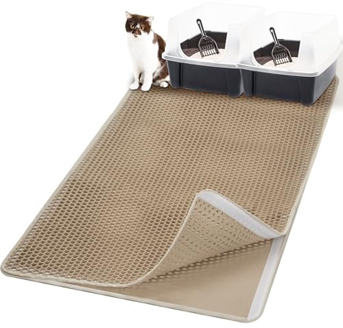 Casgee Katzenklo Matte 120x70CM, Katzenstreu Matte Doppelte Schichte, Katzenmatte Katzenklo mit Klettverschluss, wasserdichte Non-Slip Matte Katzentoilette, Waben EVA matte katzenklo unterleger, Beige