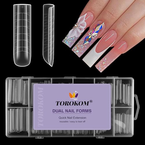 TOROKOM Poly Nail Gel Dual Nail Forms, 120 PCS Poly Nail Gel Long Square Structure Nail Molds for Builder Poly Extension Gel Nail Art Design Salon&DIY