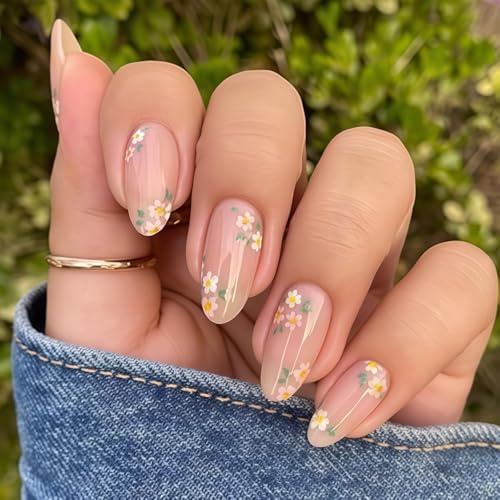 AstraGlam 24Pcs Pink Press on Nails with Daisy Design, Medium Almond Shaped Soft Gel False Nails, Spring Floral Fake Nails for Women and Girls Nail Art Set