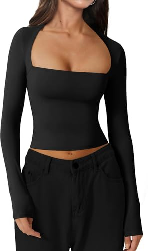 INFITTY Double Lined Top Women Long Sleeve Crop Tops Slim Fit Square Neck, Cropped T Shirt, Summer, Cute, Tshir Black M