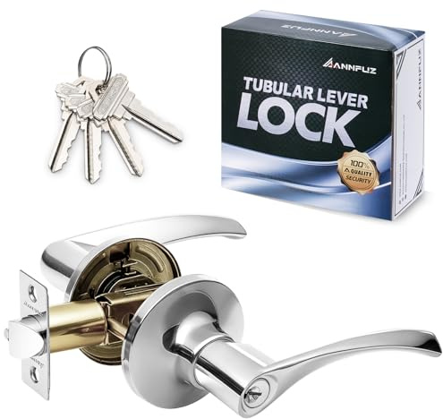 ANNFUZ Entry Door Lever Handle Lock with Keys for Room/Office/Front Door,Entrance Interior Exterior Door Knob Hardware,Lockable,Not Keyed Alike,Reversible for Left/Right Side(Entry, Bright Chrome)