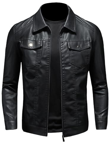 PHJTOMK Chaqueta de cuero vintage con cuello alto para hombre, solapa negra, chaquetas de motociclista, chaquetas de cuero ajustadas, Negro, 3XL