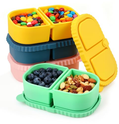 Voency 4 Pack Reusable Silicone Snack Containers with Lids, Mini Containers 2 Compartments, Portable Silicone Food Storage Box for Picnic, School, Office