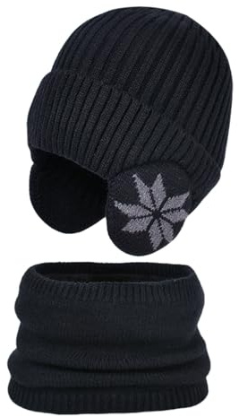Bonnet Chaud écharpe Ensemble pour Enfants avec Doublure Peluche Doux Cache-Oreilles Chaud,2 Pièces Tricoté Beanie Cache-Cou Enfants Hiver Coupe-Vent,Chapeau pour Fille Garçon 4-10 Ans