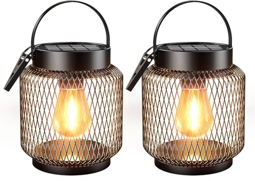 GEARLITE Solcellslampor för utomhusbruk, hängande/stående, 2 stycken metall solcelllyktor för utomhusbruk med större LED-glödlampa, IP65 vattentät lykta för trädgård, balkong, utomhus, terrasser