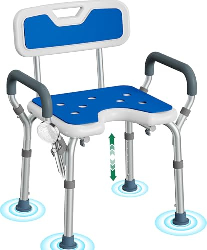 Luckfaith LC03 Silla de Ducha Ajustable con Respaldo – Antideslizante en U de Aluminio con Reposabrazos Acolchados, Silla de Baño Ligera para Mayores y Personas con Movilidad Reducida
