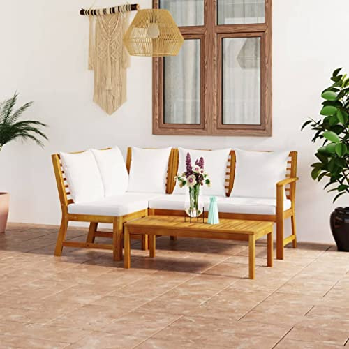 Ordellia Salon de Jardin 4 pcs en Bois d’Acacia Massif avec Coussins crème, Ensemble modulaire pour Coin Repas détente, Banc d’Angle et Table Basse, extérieur Jardin terrasse