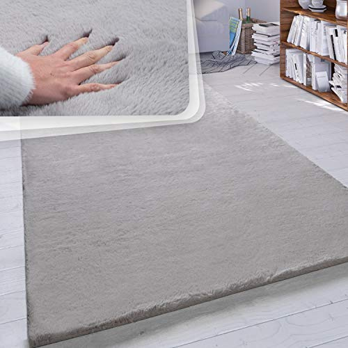 Paco Home Hochflor Teppich Wohnzimmer Schlafzimmer Shaggy Modern Flauschiger Fellteppich Weich Fell Imitat Kunstfell Einfarbig, Grösse:80x150 cm, Farbe:Grau