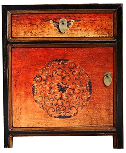OPIUM OUTLET Asian Bedside Table Chinese Bedside Table Oriental Night Box Bedroom Chest Vintage Black Orange