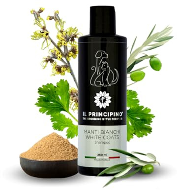 Shampoo per Cani e gatti Specifico per Manti Bianchi, effetto sbiancante immediato. Shampoo per cani Maltesi, shampoo barboncini o pelo bianco, naturale e sicuro -250ml. Il Principino