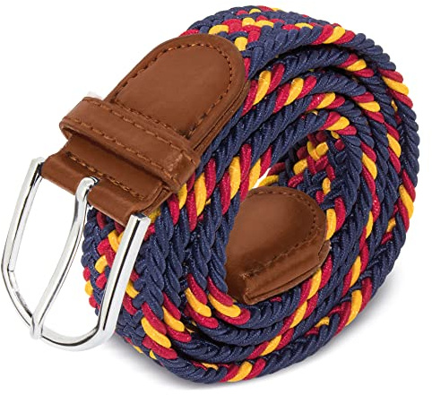Cinturón para hombre con Bandera de España. Cinturón elástico y trenzado 120cm. (Azul Marino Hebilla Marrón)