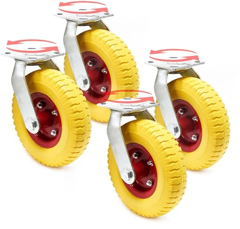 Wiltec Lenkrollen Set 4x Ø220mm Transportrolle 58mm breit bis 100kg pro Rad gelb aus Vollmaterial mit schwingender Halterung, pannensicher, leiser Lauf