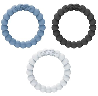 Dr. Brown's Flexees Teether Rings, 100% Silicone, Soft and Easy to Hold, Encourages Self-Soothe, 3 Pack, Blue, Light Blue, Black, BPA Free, 3m+